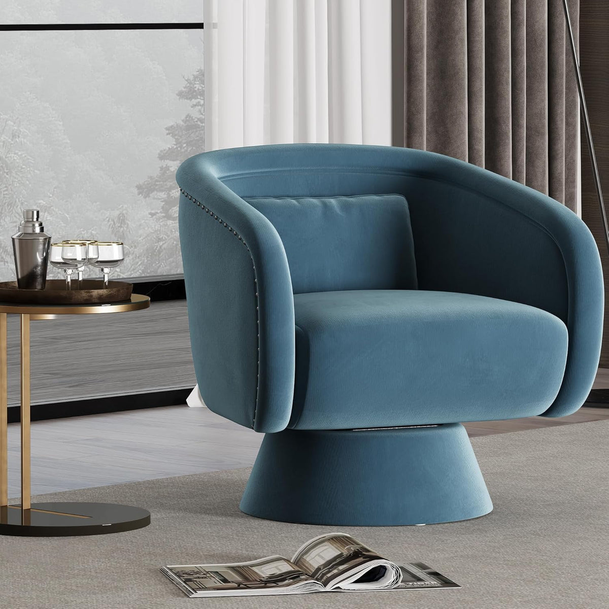 Superjoe Swivel Barrel Chair,360 Degree Swivel Accent Chair, Modern Round Chair with Pillow, Comfy Fabric Living Room Chairs for Bedroom, Office, Blue