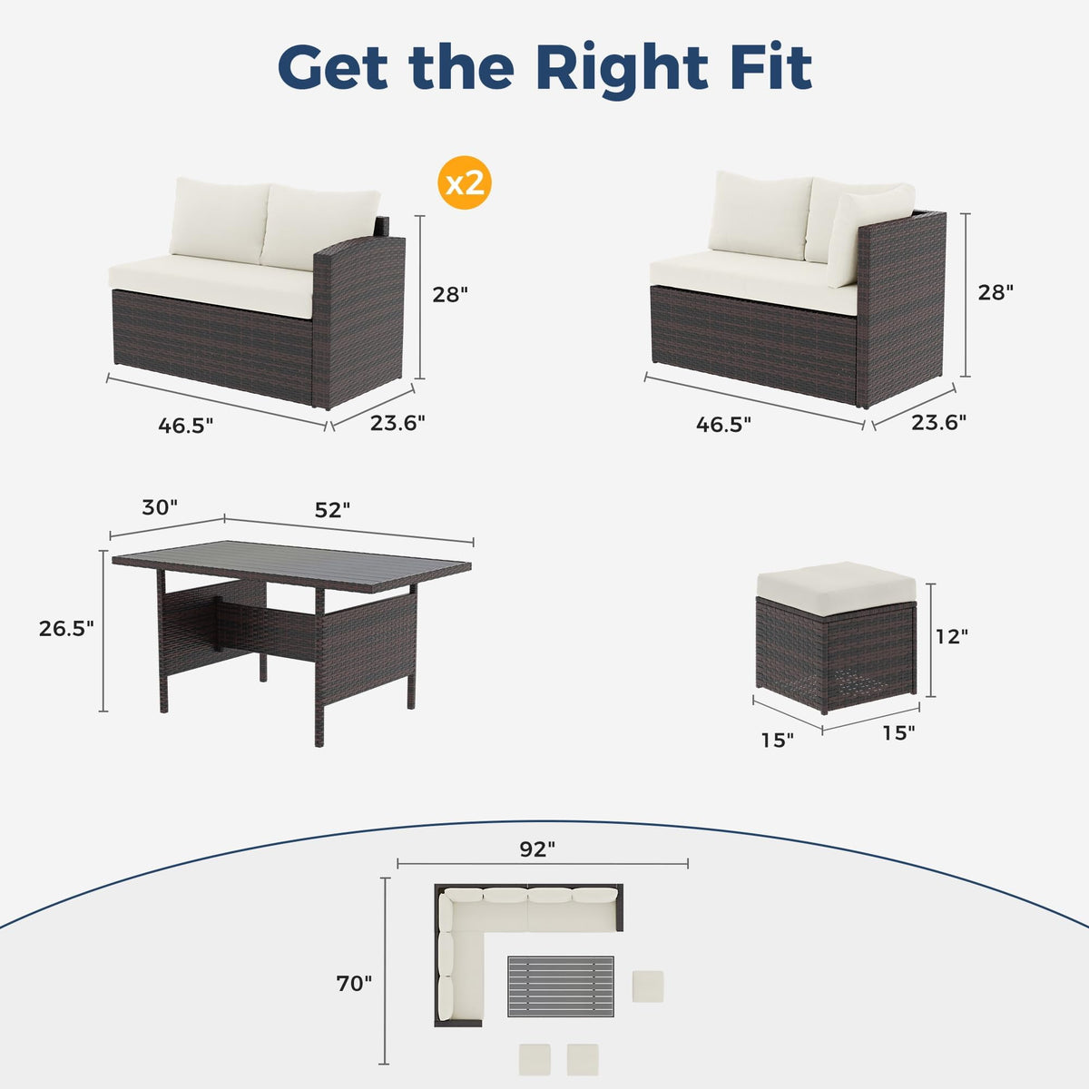 Royalcarft 7 Pcs Outdoor Conversation Set All Weather Wicker Sectional Sofa Set Dining Table Chair and Ottoman,Steel Frame,Ivory