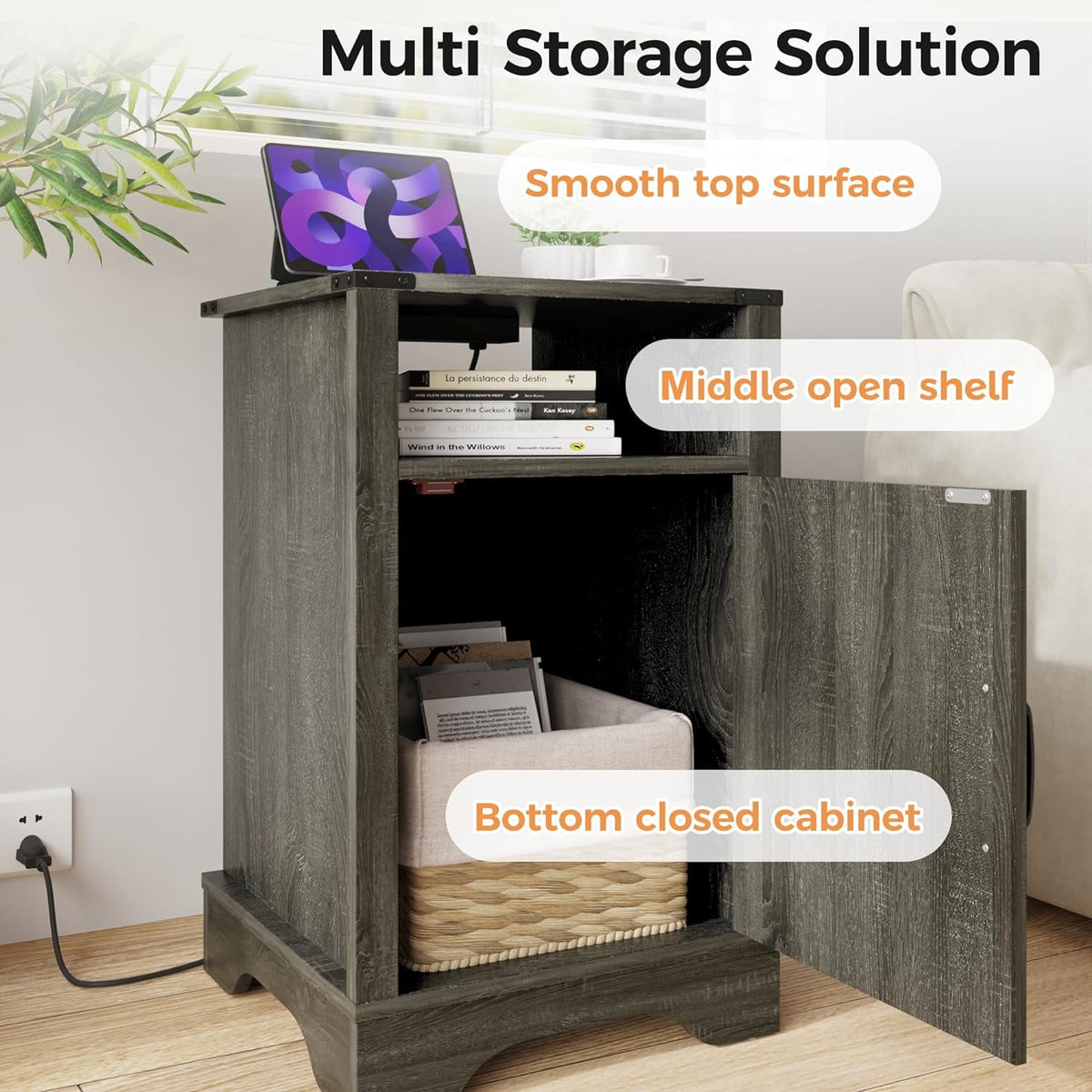 RoyalCraft White Nightstand with Charging Station, Farmhouse Bedside Table with X-Shaped Design,Wooden Rustic End Table with Large Storage Room and Shelf for Bedroom, Living Room, Solid White