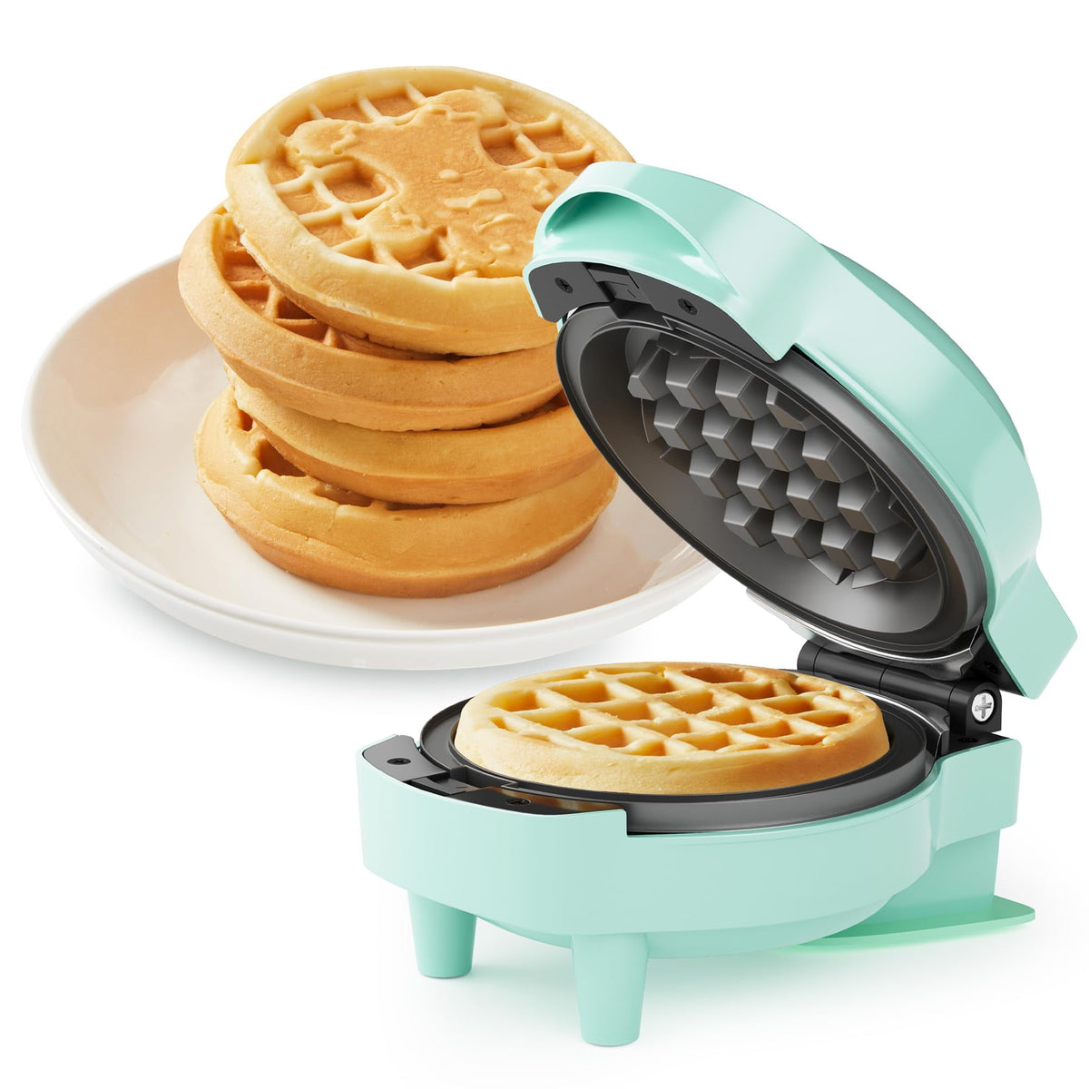Royalcraft 6 in 1 Mini Waffle Maker, 4¡± Waffle Iron with Removable Non-stick Plates, Perfect Mini Waffle Maker for Kids and Families, Light Blue