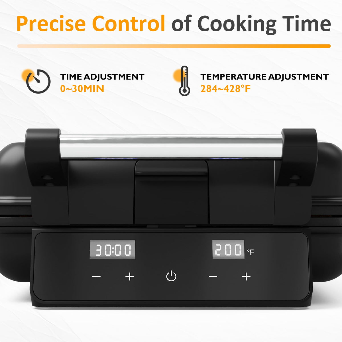 Royalcraft Stainless Steel Waffle Maker 4 Slices with Quick Heat-Up, Time & Temperature Control, LCD Display, Nonstick Surface, Perfect Waffle Iron for Kids and Families, Silver