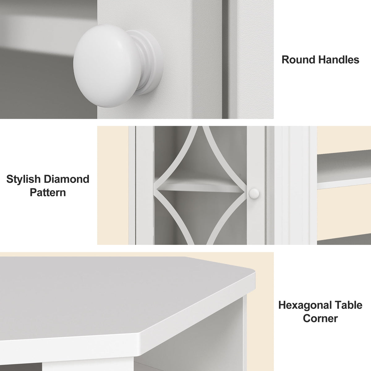 RoyalCraft Corner TV Stands for TVs up to 55'', Media Console Table with Adjustable Shelves, Acrylic Doors with Double-Diamond Design, Wood Modern Entertainment Center for Living Room Bedroom, White
