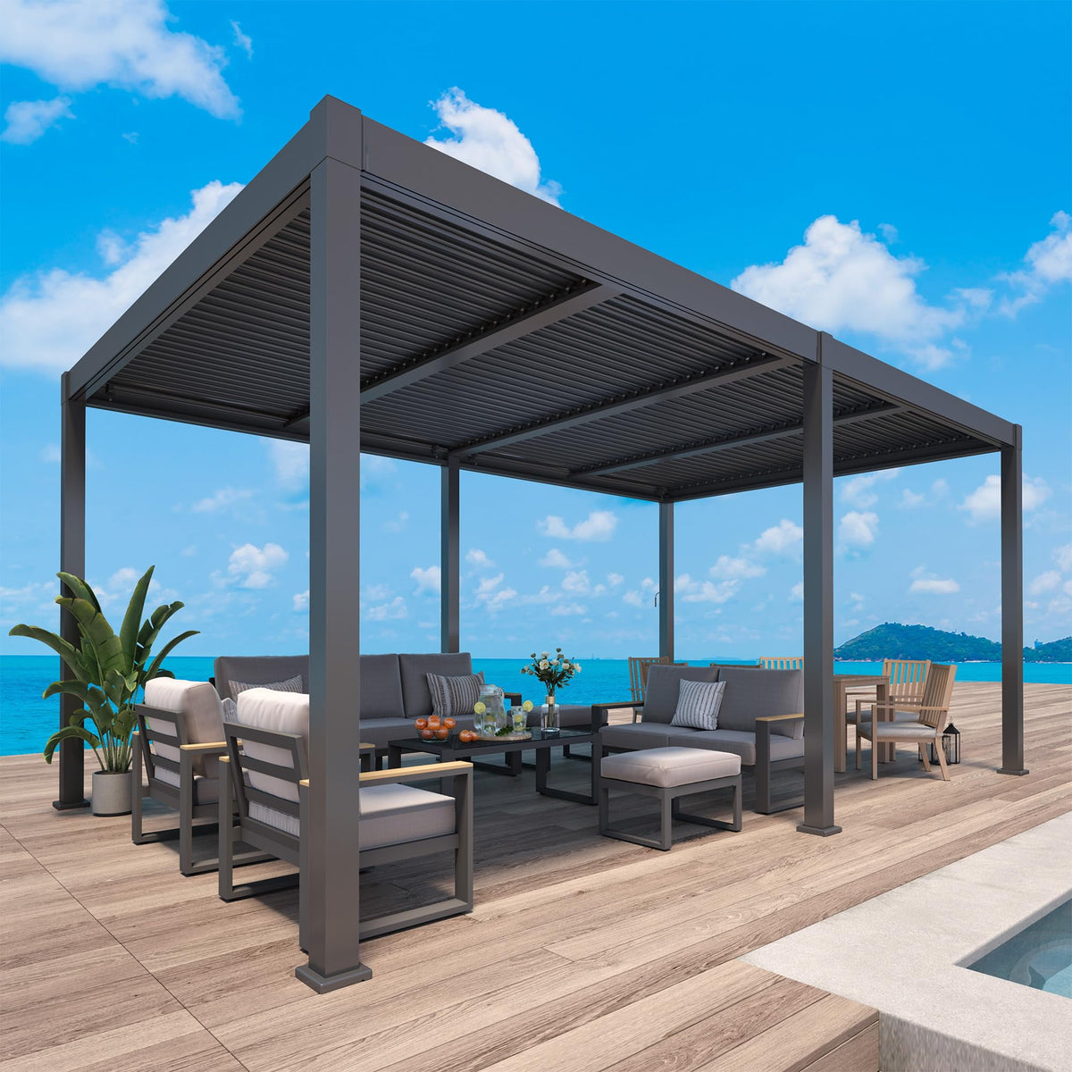 RoyalCraft 12'x20' Adjustable Louvered Pergola, Heavy-Duty Aluminum Outdoor Pergola, Adjustable Metal Hardtop Roof Pergola for Patio, Deck, Garden, Yard, Black