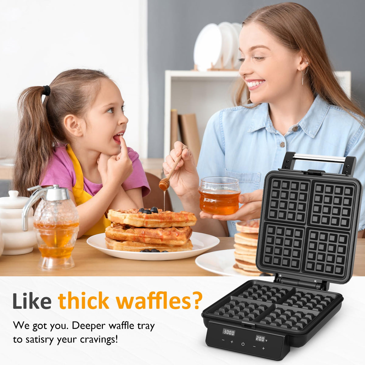 Royalcraft Stainless Steel Waffle Maker 4 Slices with Quick Heat-Up, Time & Temperature Control, LCD Display, Nonstick Surface, Perfect Waffle Iron for Kids and Families, Silver
