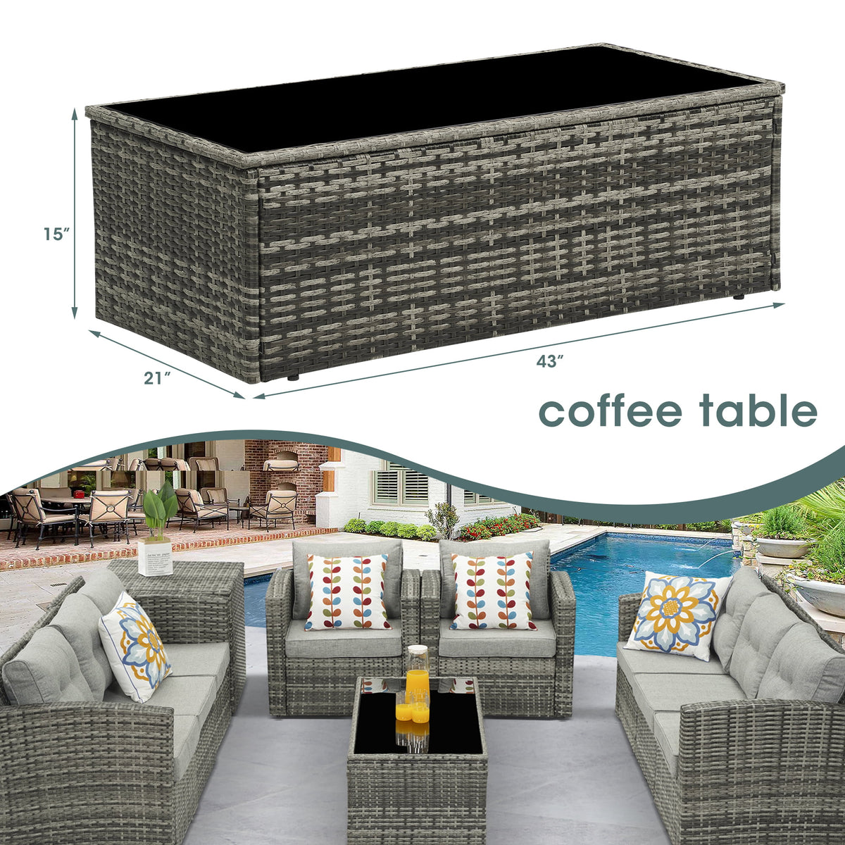 Royalcraft Outdoor Coffee Table, Grey Wicker Table for Patio Sectional Furniture, All-Weather Aluminum Frame Rectangular Coffee Table with Glass Top