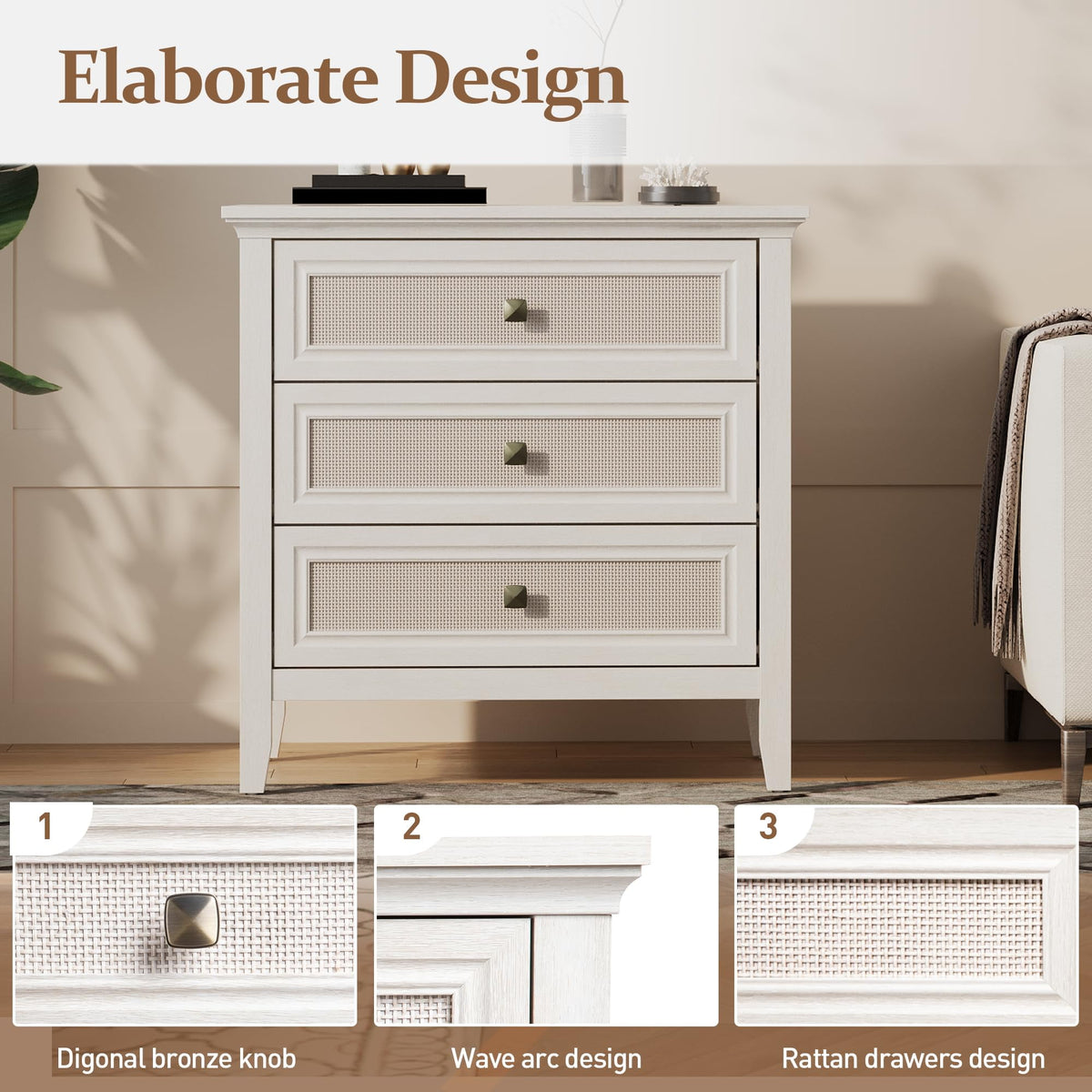 RoyalCraft White Dresser for Bedroom, Boho Tall Dresser with 3 Rattan Decorated Drawers, Modern Wood Chest of Drawers for Closet, Living Room, Hallway, Entryway