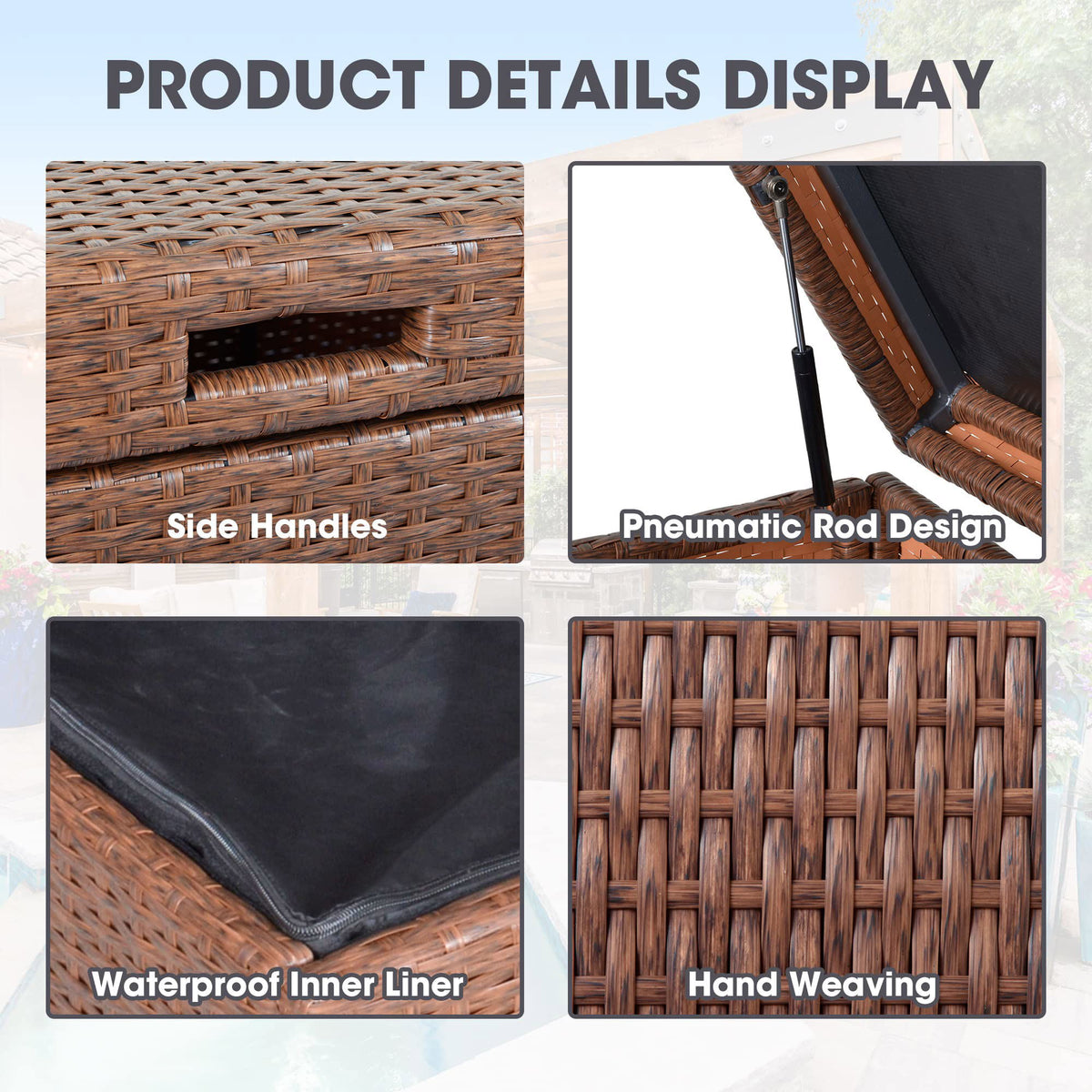Royalcraft Outdoor Deck Storage Box, Waterproof Outside Patio Rattan Wicker Storage Bin Container with Liner, Large Box for Cushions, Pool Toys and Garden Tools