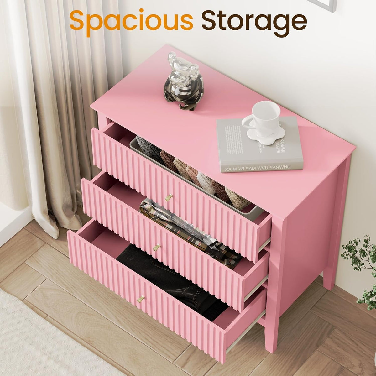 Mayincolor Fluted 32ch Wide Nightstand for Bedroom, Large Pink Nightstand with 3 Drawer, Modern End Table, Wood Beside Table for Home and Office