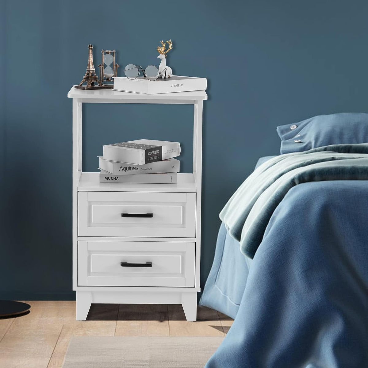 RoyalCraft White Nightstand, Farmhouse Side Table with Storage Drawers and Open Shelf, Wooden Rustic End Table Cabinet for Bedroom, Living Room nightstand