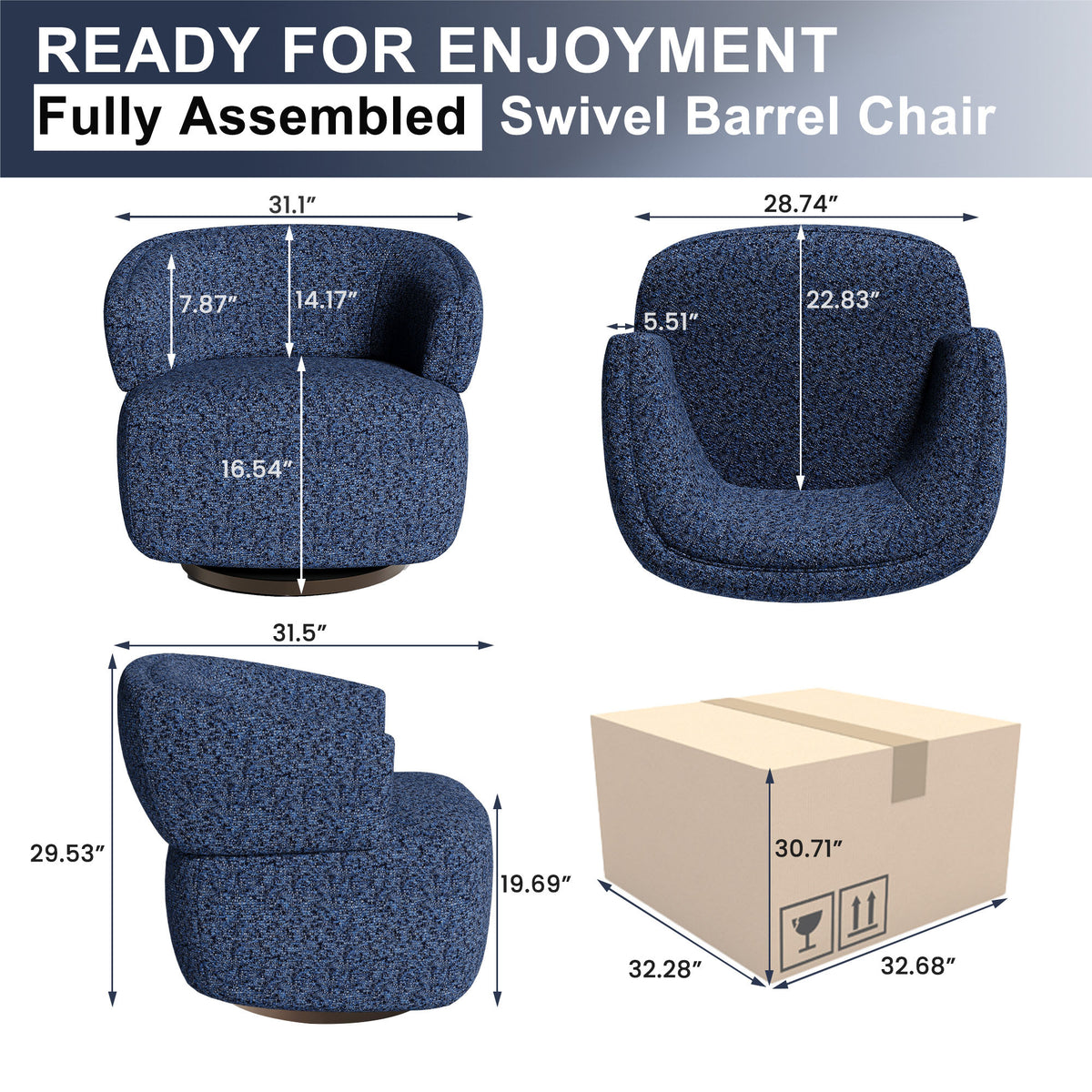 Swivel Accent Chair, Fully Assembled Round Barrel Chairs, Oversized Upholstered Armchair with 360-Degree Base, Modern Club Chair for Living Room, Bedroom, Office