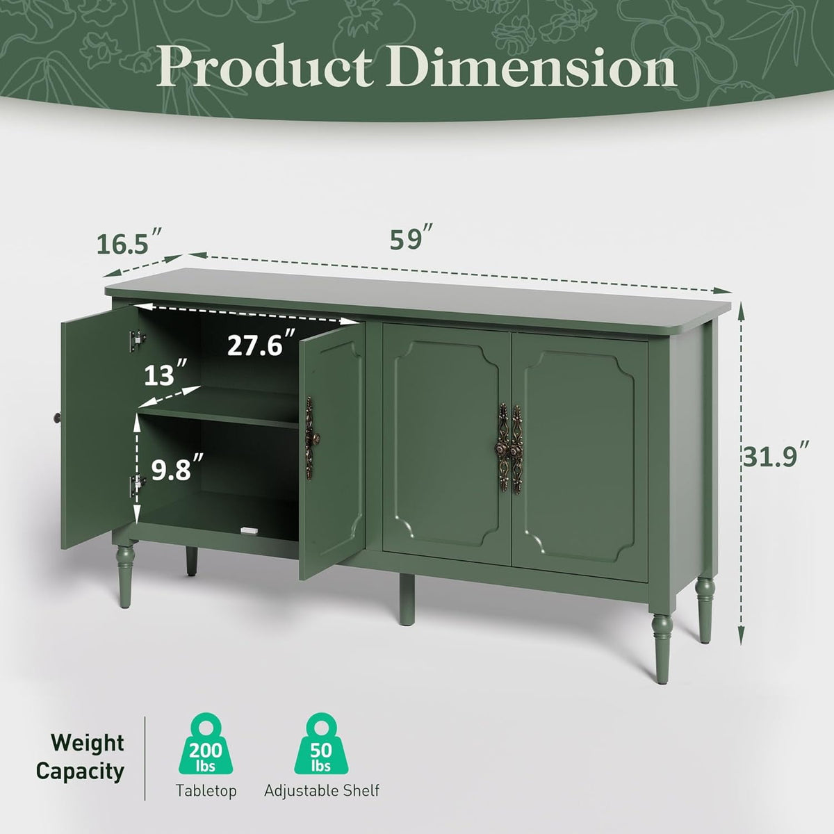 Royalcraft Sideboard Buffet Cabinet with Storage, 58'' Mid Century Modern Storage Cabinet with 4 Doors and Adjustable Shelves, Accent Cabinet for Entryway, Dining Room, Living Room, Bedroom, Green
