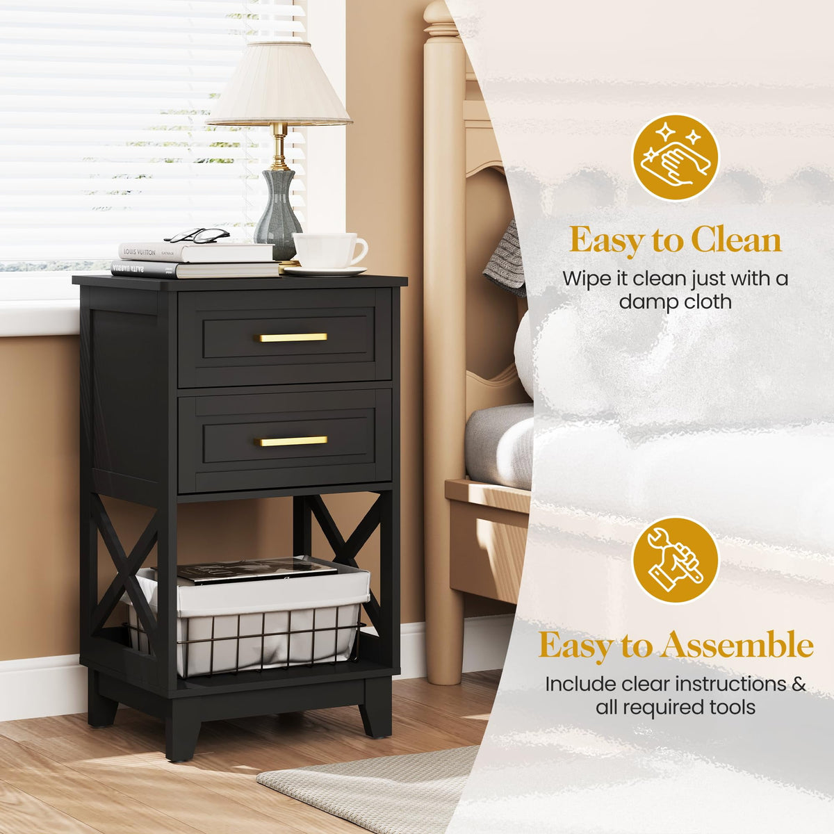 RoyalCraft Tall Nightstand, Side Table with 2 Drawers and Open Shelf Below, Bedside Table with Solid Feet, Modern Night Stand End Table for Bedroom, Living Room, Home Office, Black
