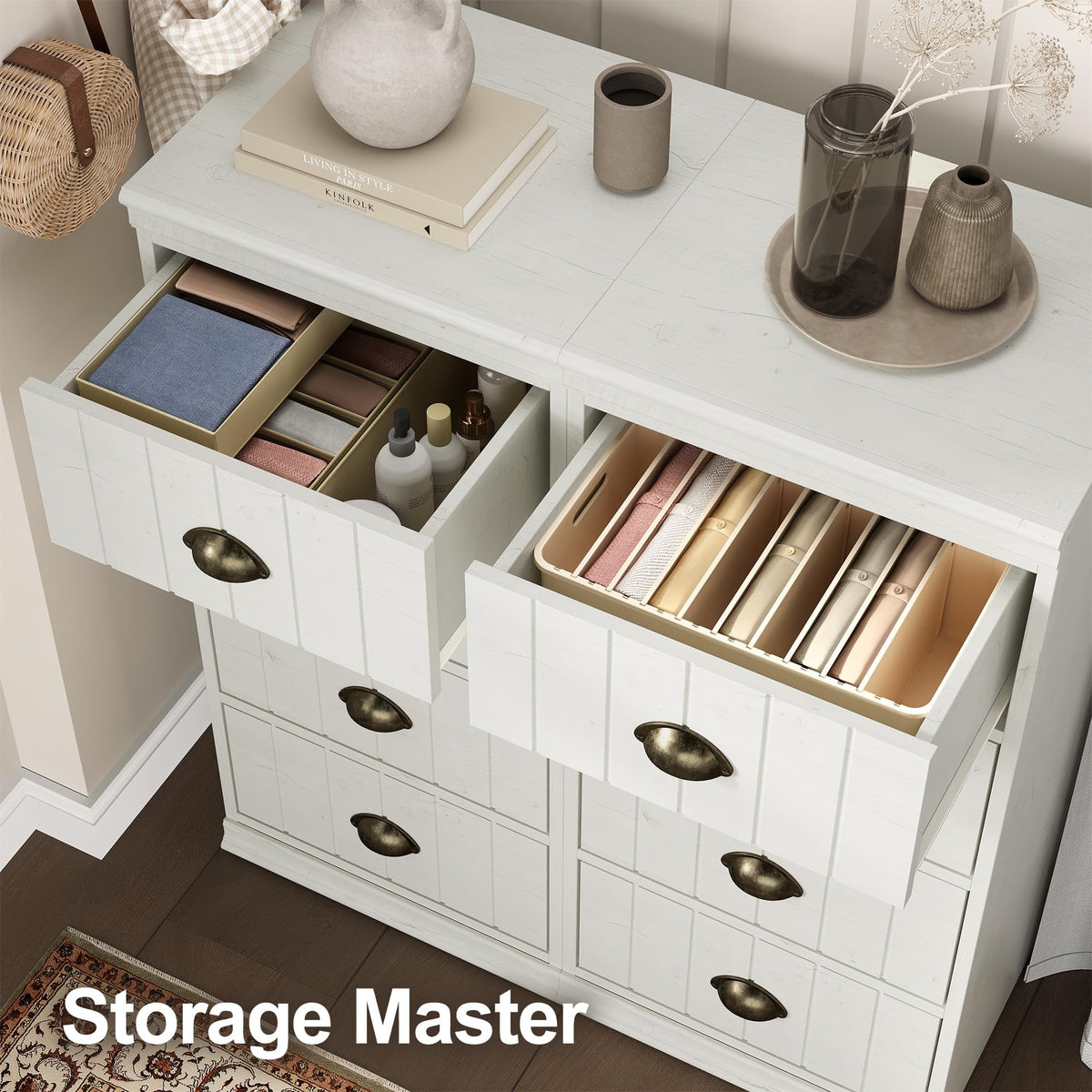 CozyHome Fluted Dresser Set of 3, White 4 Drawer Dresser with Bronze Metal Handles, Modern Dresser Organizer with Soft-Close Drawers, Chest of Drawers for Bedroom, Living Room, Entryway