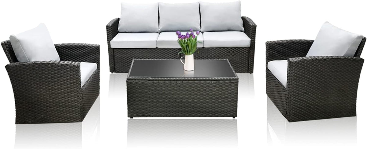 Royalcraft Wicker Patio Furniture Set,4 Pieces Outdoor Conversation Set with Tempered Glass Coffee Table and Thick Cushion, Rattan Couch Sofa Armchair Seat for Garden Backyard, Grey