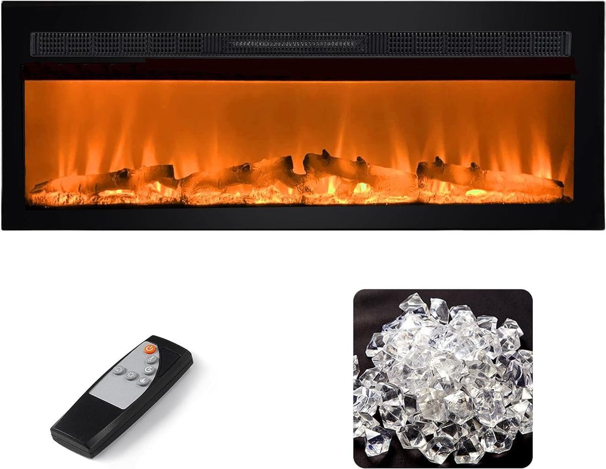 Royalcraft 50 Inch Recessed and Wall Mounted Electric Fireplace, Low Noise Fireplace Heater with 20 Multicolor Flames and 8h Timer, 1400W Heater with Touch Screen and Remote Control, Black