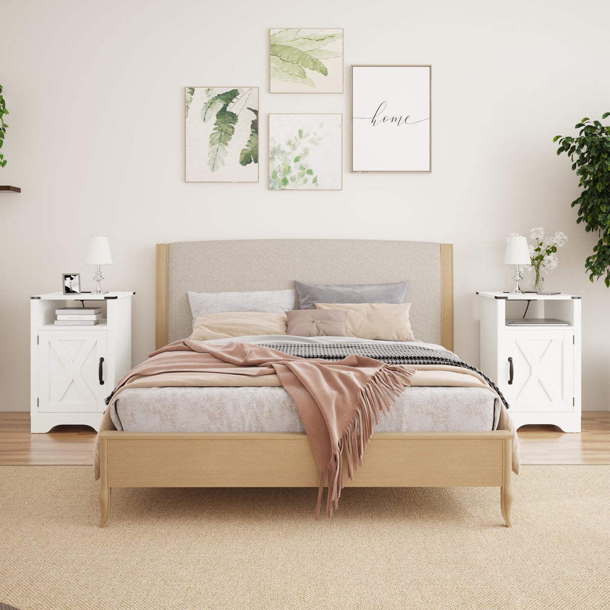 Superjoe 2Pcs Farmhouse Nightstand w/Charging Station, Wooden Rustic Tall Bedside Table, End Table w/Storage Shelf & Shelf for Bedroom, Living Room, White