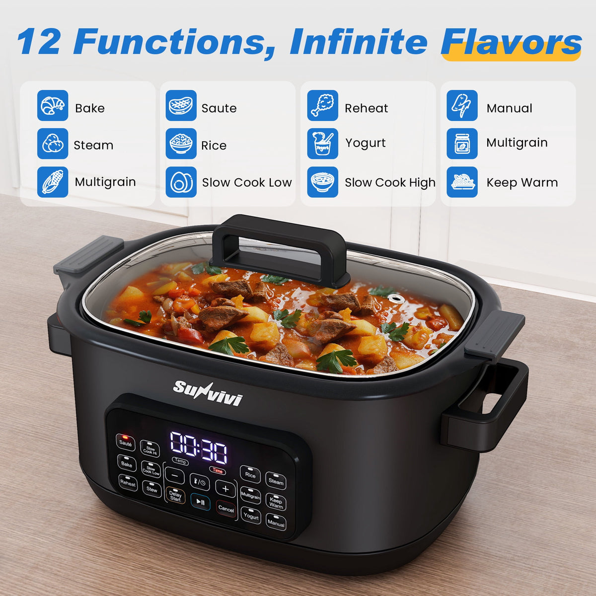 Royalcraft 12-in-1 Digital Programmable Slow Cooker, 6.5 QT Large Multicooker, Multi-Cooker with Timer, Temp Control, Black