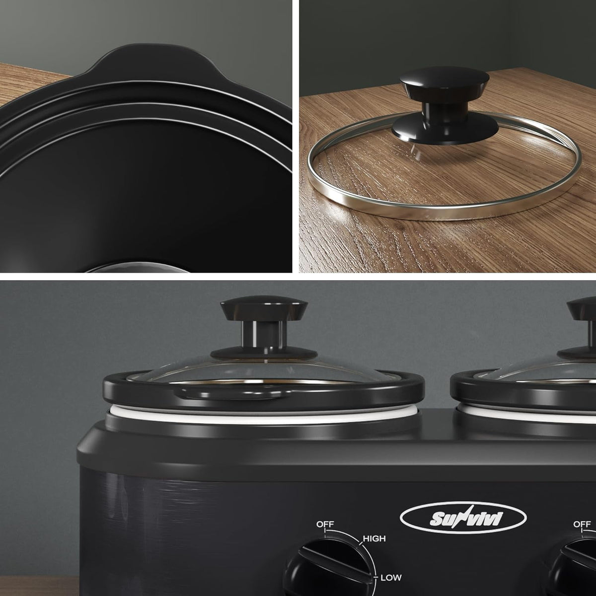 Royalcraft Double Slow Cooker,2 Pot Small Mini Crock Buffet Servers and Warmer,Dual Pot Oval Manual Slow Cooker with Adjustable Temp Removable Ceramic Pot,Stainless Steel, Total 2.5 Quarts Black