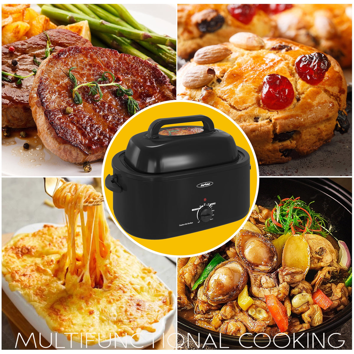 Royalcraft 26 Quart Electric Turkey Roaster Oven with Visible & Self-Basting Lid, Stainless Steel,Black