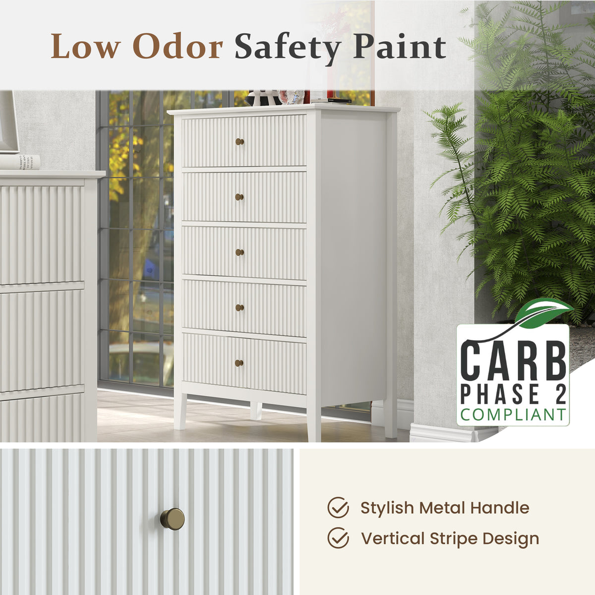 Royalcraft Dresser for Bedroom, Modern 5 Drawers Dresser with Silent Slide Drawers, Tall Chest of Drawers, Wood Storage Cabinet Organizer for Living Room, Nursery, Hallway, Entryway