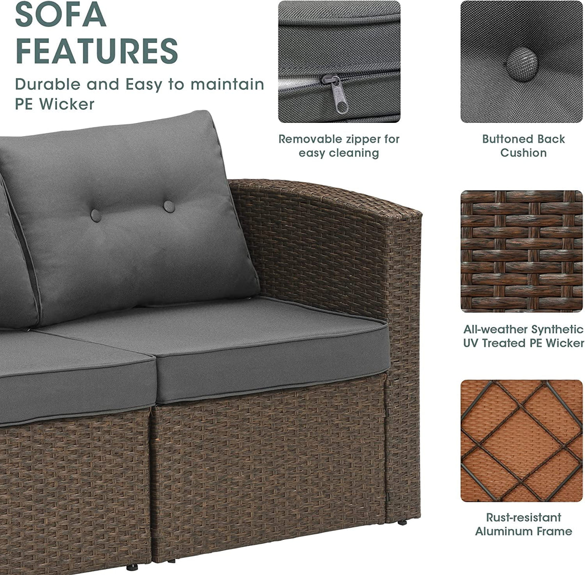 RoyalcraftPatio Wicker Loveseat 2-Seater Sofa, Rattan Wicker Sofa for 2 Persons with Cushions for Garden, Beach, Balcony and Poolside, Aluminum Frame