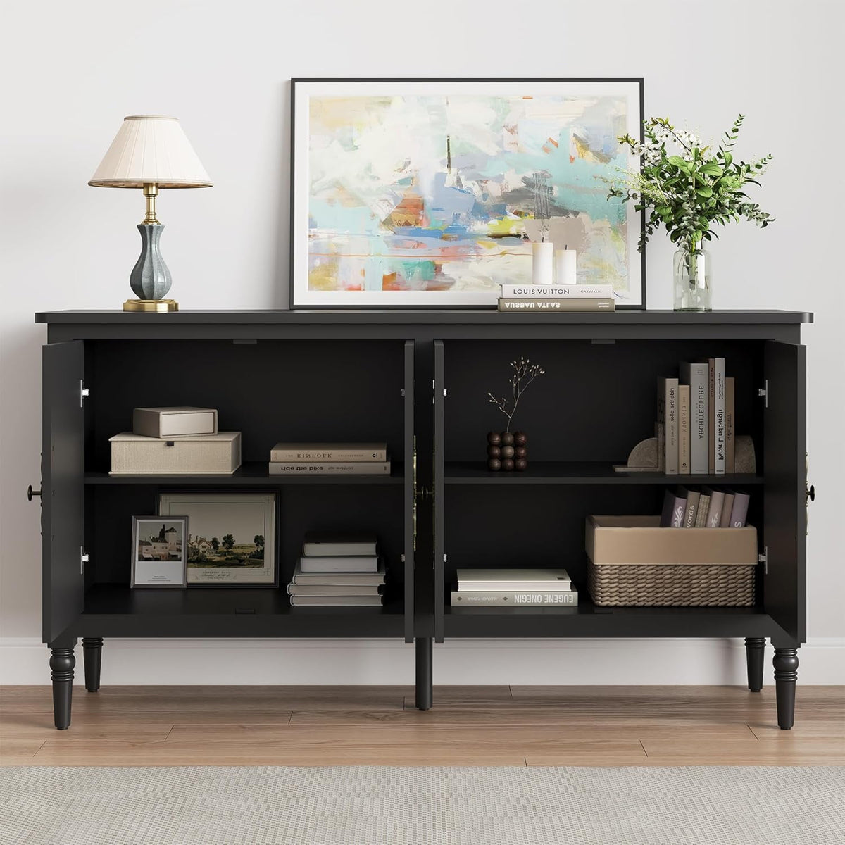 RoyalCraft Console Cabinet, 58'' Mid Century Modern Pantry Cabinet, Wood Buffet Cabinet, Media Cabinet with 4 Doors, Accent Cabinet for Entryway, Living Room, Bedroom, Dining Room