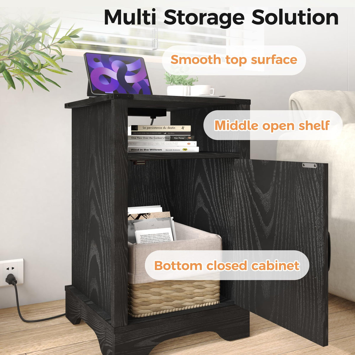 RoyalCraft Farmhouse Nightstand Set of 2 with Charging Station, Wooden End Table, Rustic Night Stand with Storage Cabinet and Shelf, Tall Bedside Table for Bedroom, Living Room, Black