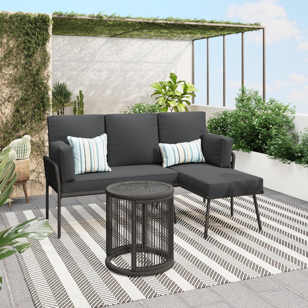 Royalcraft Patio Furniture Set, Outdoor Sectional Furniture Sets with Woven Rope Accents and 4-inch Cushions, L-Shaped Patio Conversation Sets with Detachable Lounger and Side Table