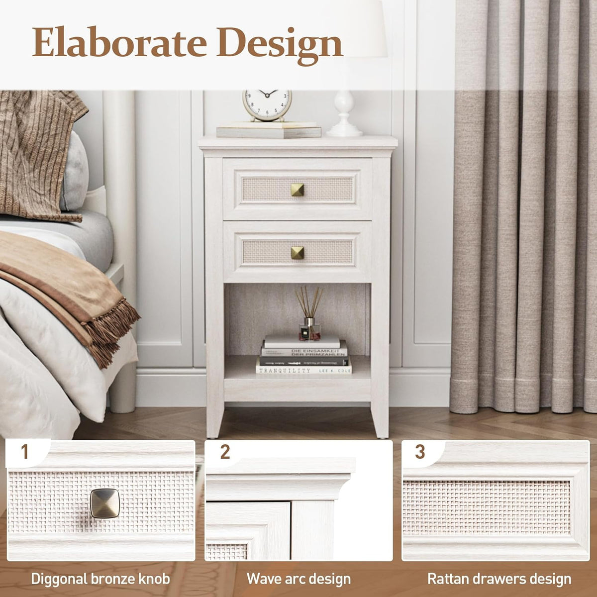 Superjoe 27" Rattan Nightstand w/2 Drawers, Grayish White Wood Farmhouse Bedside Table, Boho Accent End Table Cabinet w/Open Storage Shelf