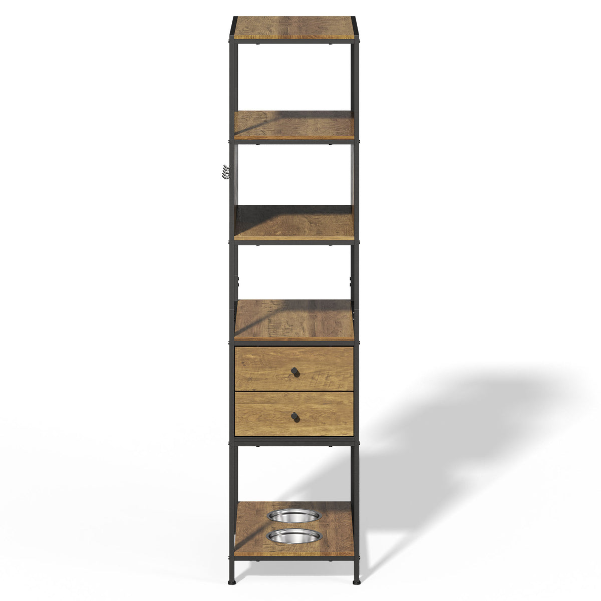 Industrial Bookshelf, Standing Display Shelf with 2 Dog Bowls, Metal and Wood Bookshelf, Dog Feeder Station with Shelves, Brown