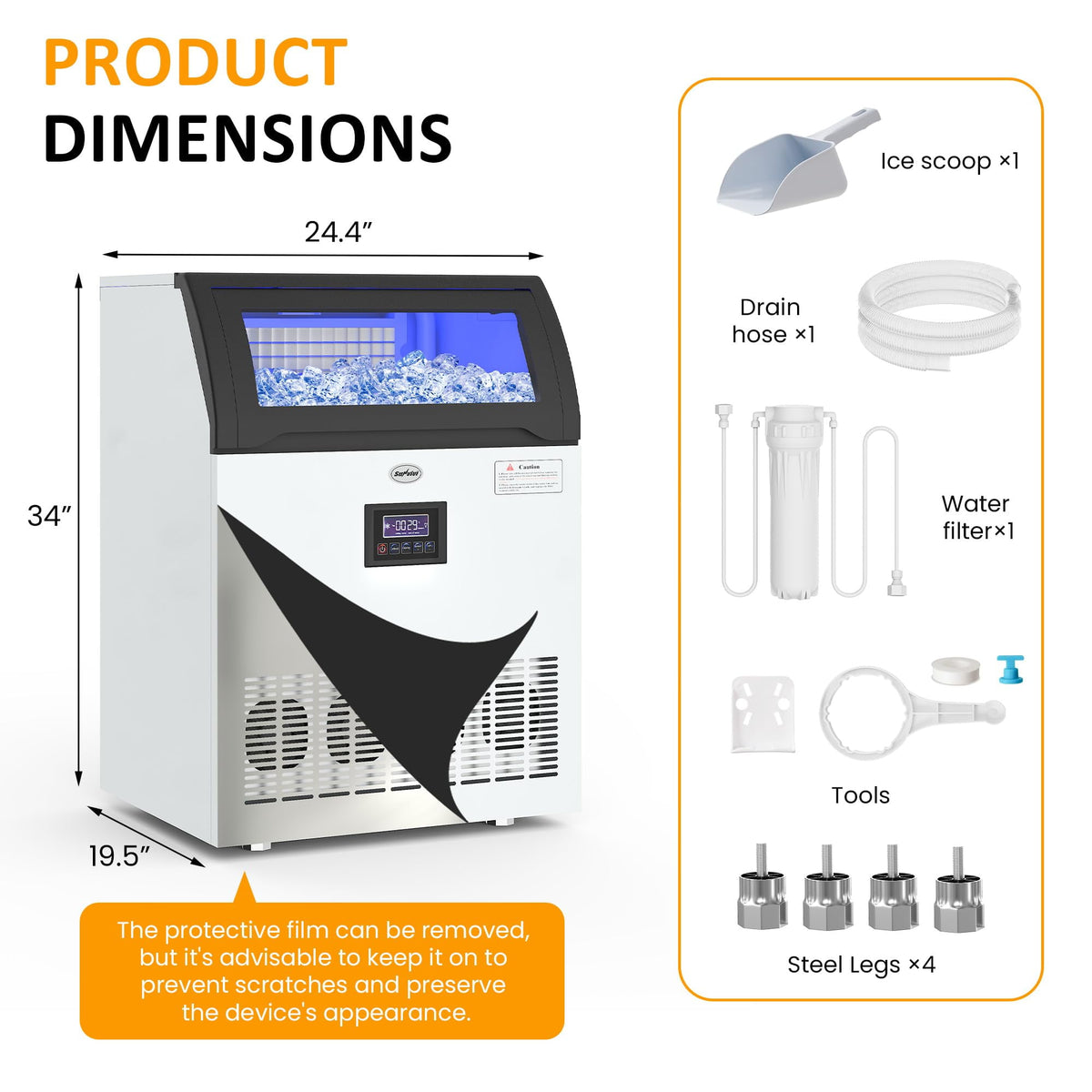 Royalcraft Commercial Ice Maker Machine, 265LBS/24H, 55LBS Storage Bin, Stainless Steel Under Counter Ice Machine for Restaurants, Bars, and Home Use, Includes Water Filter, Scoop, and Hose
