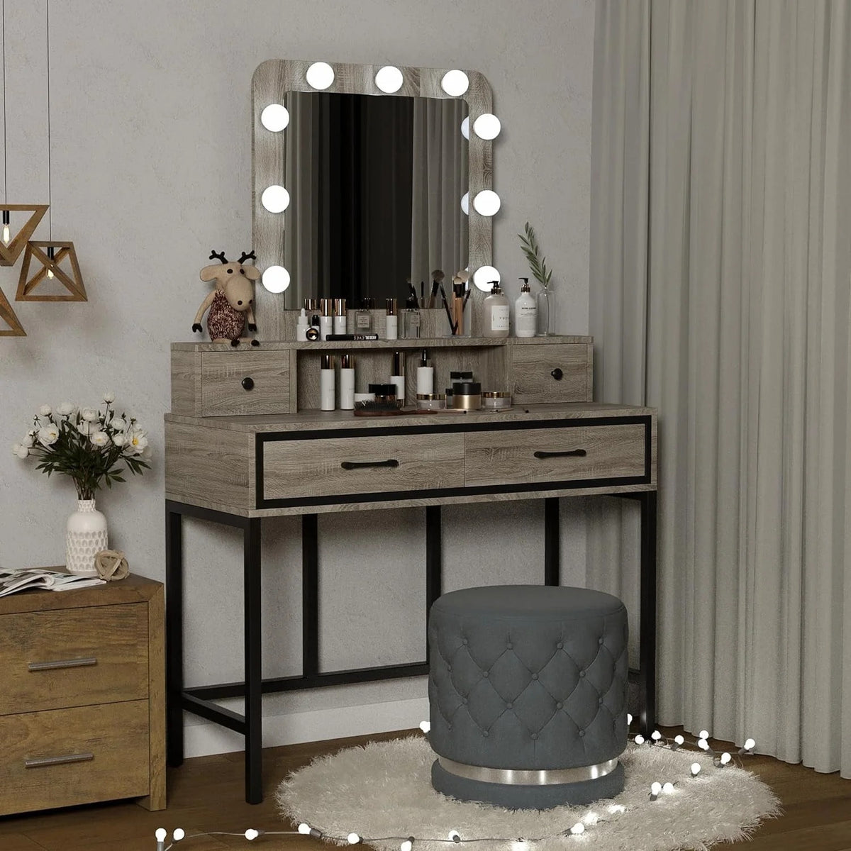 RoyalCraft Makeup Vanity Table with 3 Color Dimmable Lighted Hollywood Mirror, Vanity Desk with 4 Drawers, Dressing Table for Women Girls