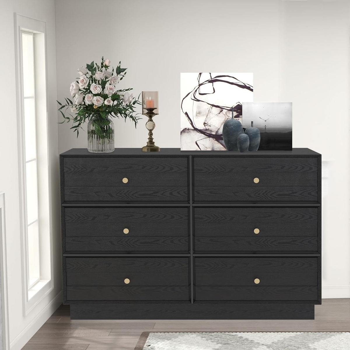 Superjoe 6 Drawer Double Dresser, Bedroom Chest of Drawers, Wood Storage Cabinet for Living Room, Entryway and Hallway, Black
