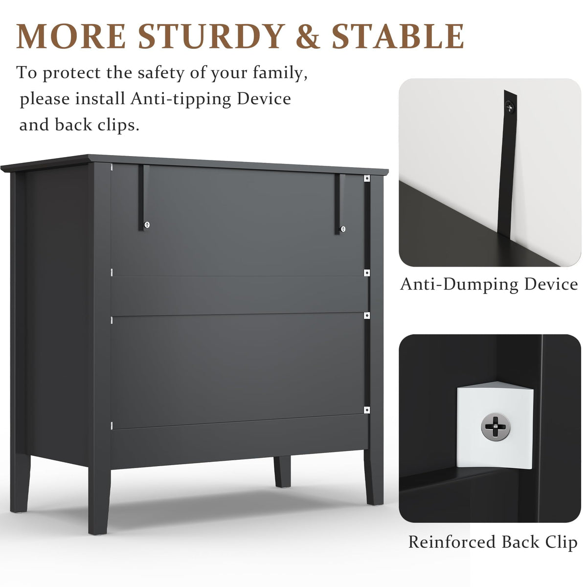 32" Black Fluted Dresser Nightstand, Wide Modern 3 Drawer Wooden Chest, Large Painted Storage Cabinet