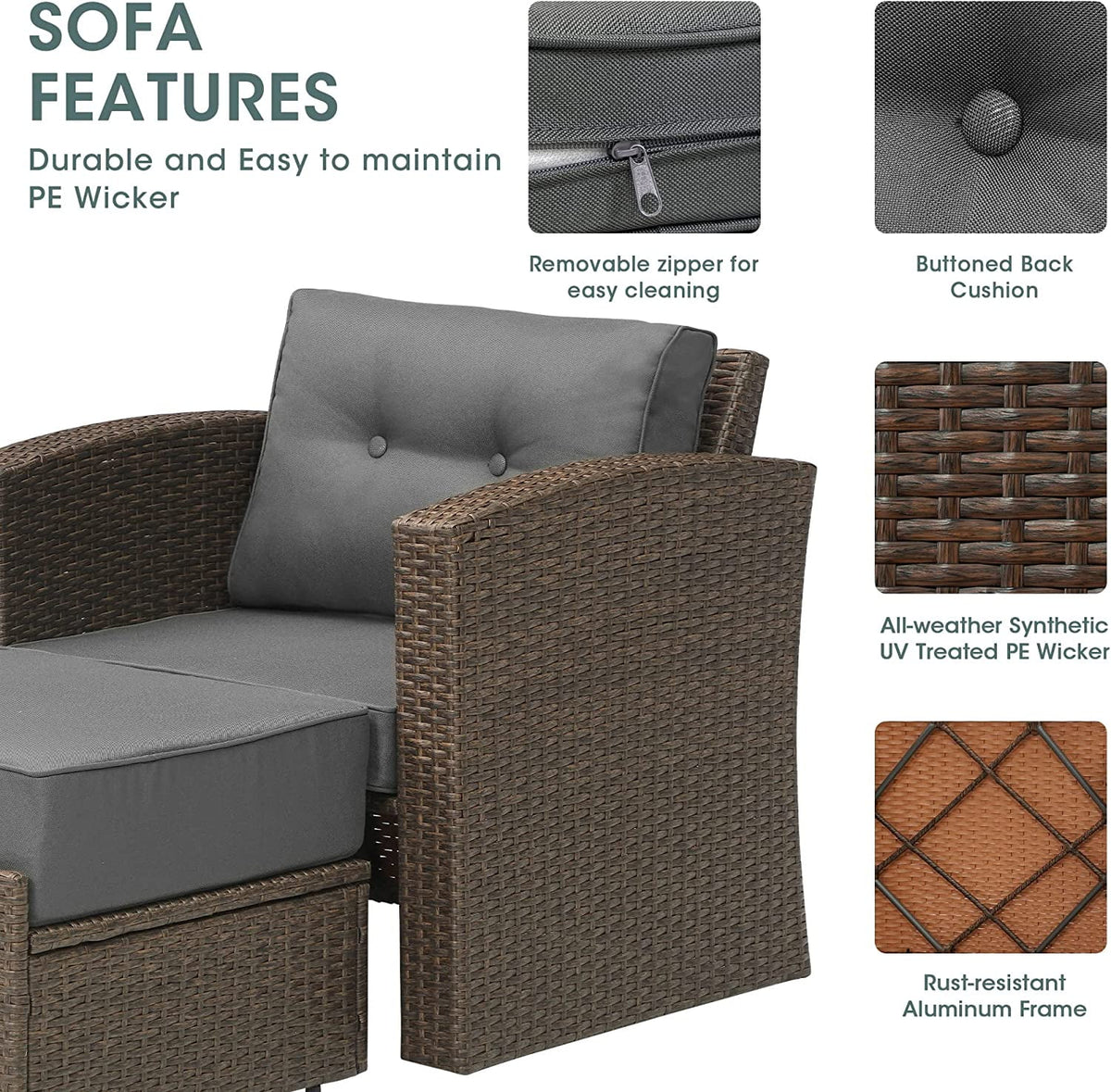 Royalcraft Patio Wicker Armchair with Ottoman, 2 Pieces PE Wicker Outdoor Conversation Set Outdoor Sectional Sofa for Garden, Beach, Balcony and Poolside, Aluminum Frame