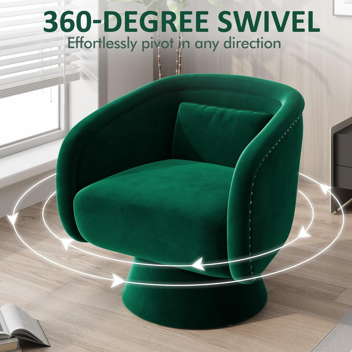 Superjoe Swivel Barrel Chair,360 Degree Swivel Accent Chair, Modern Round Chair with Pillow, Comfy Fabric Living Room Chairs for Bedroom, Office, Green
