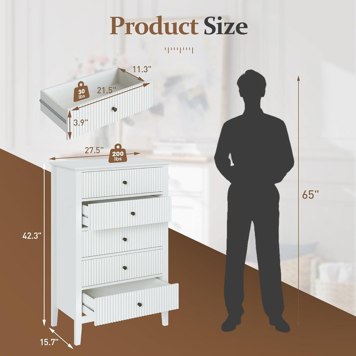 Superjoe Fluted 5 Drawers Dresser for Bedroom, White Tall Chest of Drawer with Silent Slide Drawers, Modern Wood Storage Cabinet for Living Room, Nursery, Hallway, Entryway