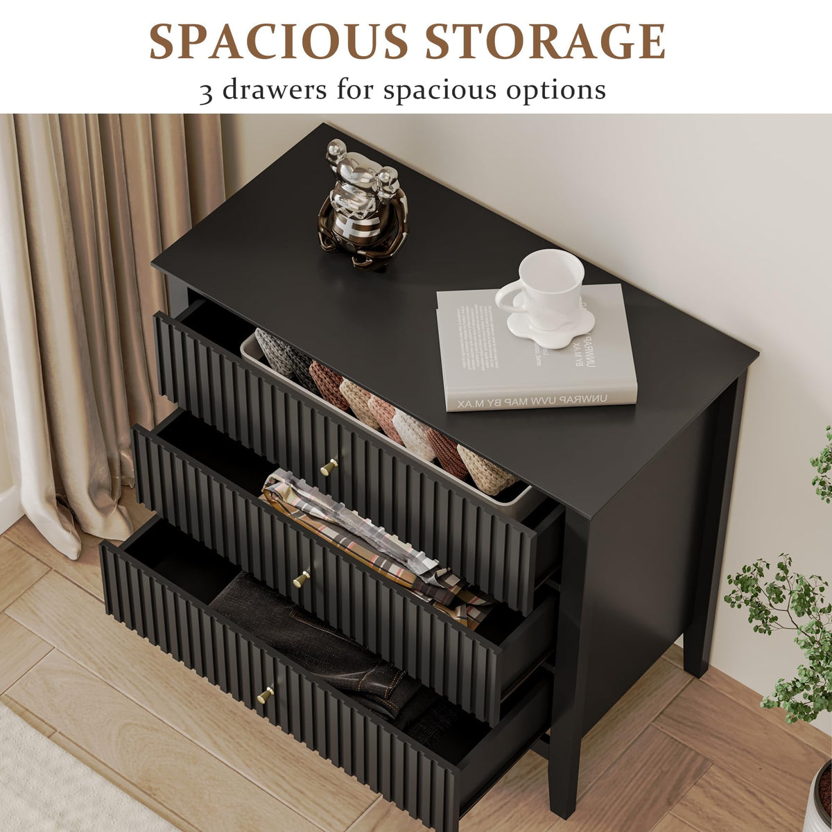32" Black Fluted Dresser Nightstand, Wide Modern 3 Drawer Wooden Chest, Large Painted Storage Cabinet
