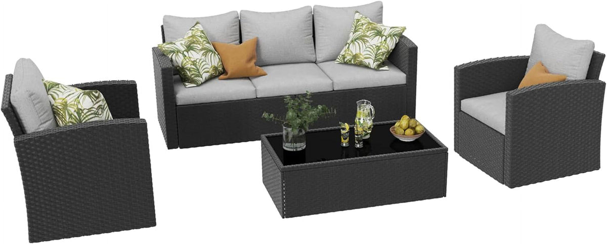 Royalcraft 6 Piece Patio Furniture Set, Wicker Outdoor Sectional Sofa, Rattan Conversation Set with Tempered Glass Coffee Table, Water-Resistant Cushions for Porch, Backyard, Garden, Grey