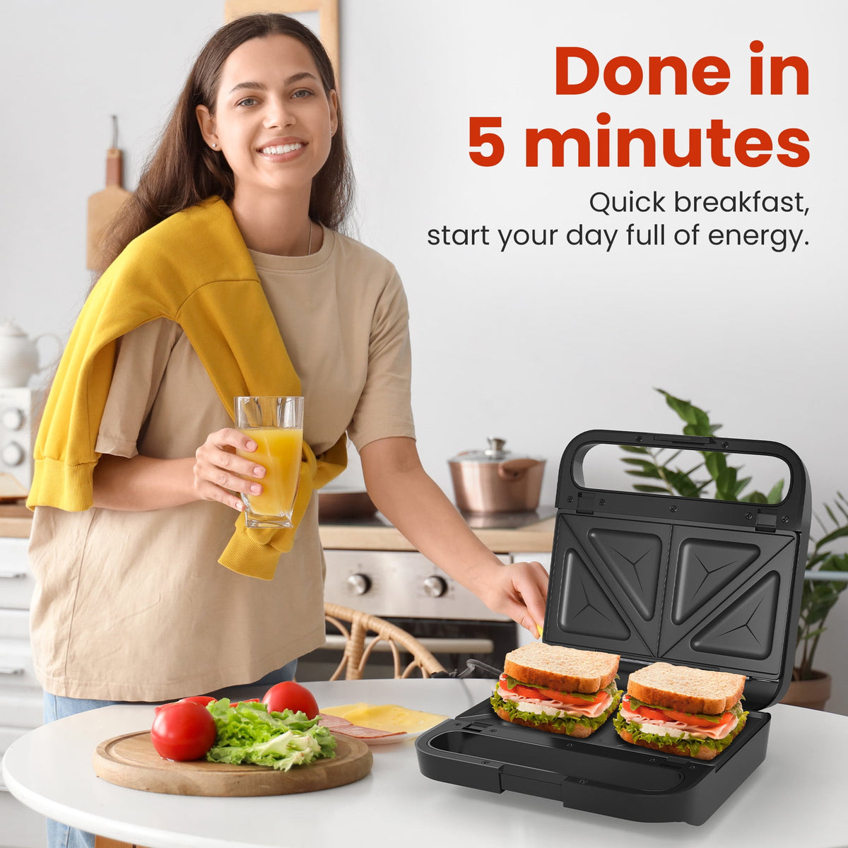 Royalcraft 3-in-1 Electric Sandwich Maker & Waffle Grill, 850W Panini Press with Non-Stick Removable Plates & Tempered Glass Top, Cool Touch Handle, Easy to Clean, Black