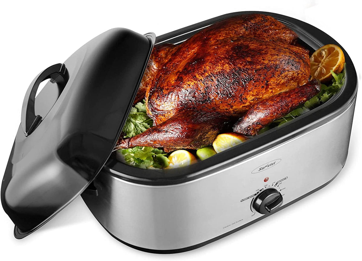 Royalcraft 20 Quart Electric Roaster with Removable Pan, Electric Turkey Roaster Oven with Self-Basting Lid, Roasting Oven with Cool-Touch Handles, Silver