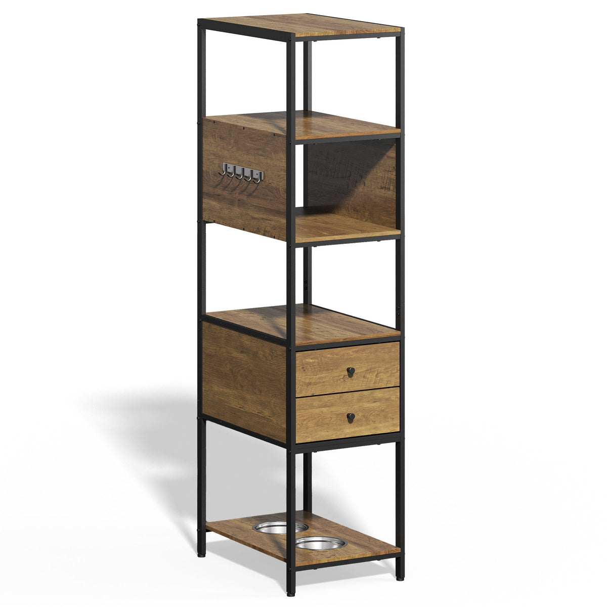 Industrial Bookshelf, Standing Display Shelf with 2 Dog Bowls, Metal and Wood Bookshelf, Dog Feeder Station with Shelves, Brown