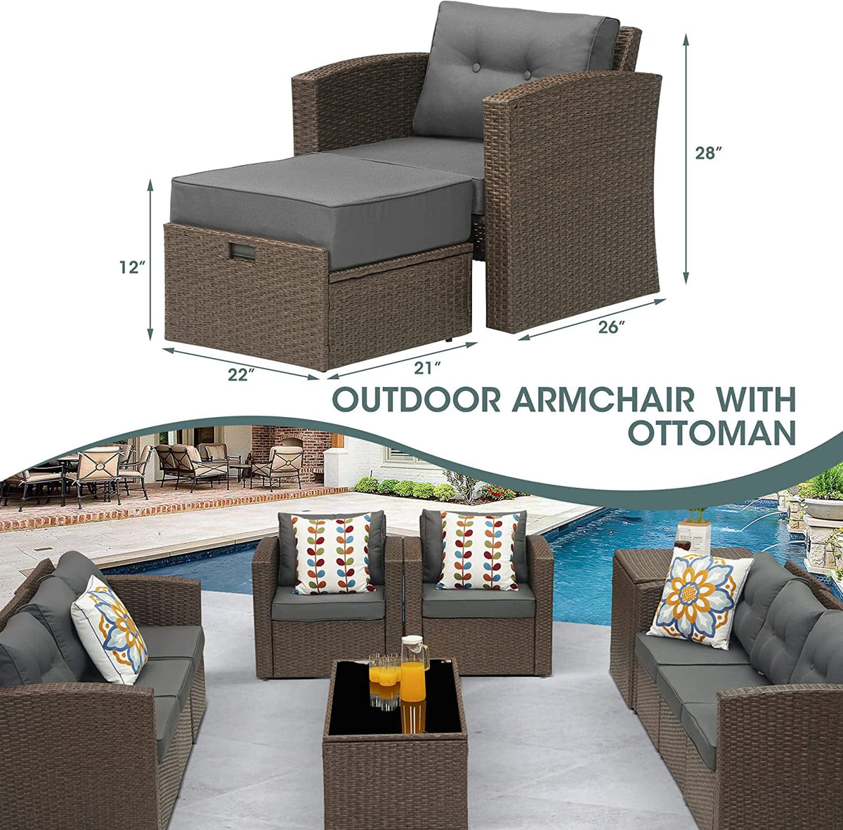 Royalcraft Patio Wicker Armchair with Ottoman, 2 Pieces PE Wicker Outdoor Conversation Set Outdoor Sectional Sofa for Garden, Beach, Balcony and Poolside, Aluminum Frame