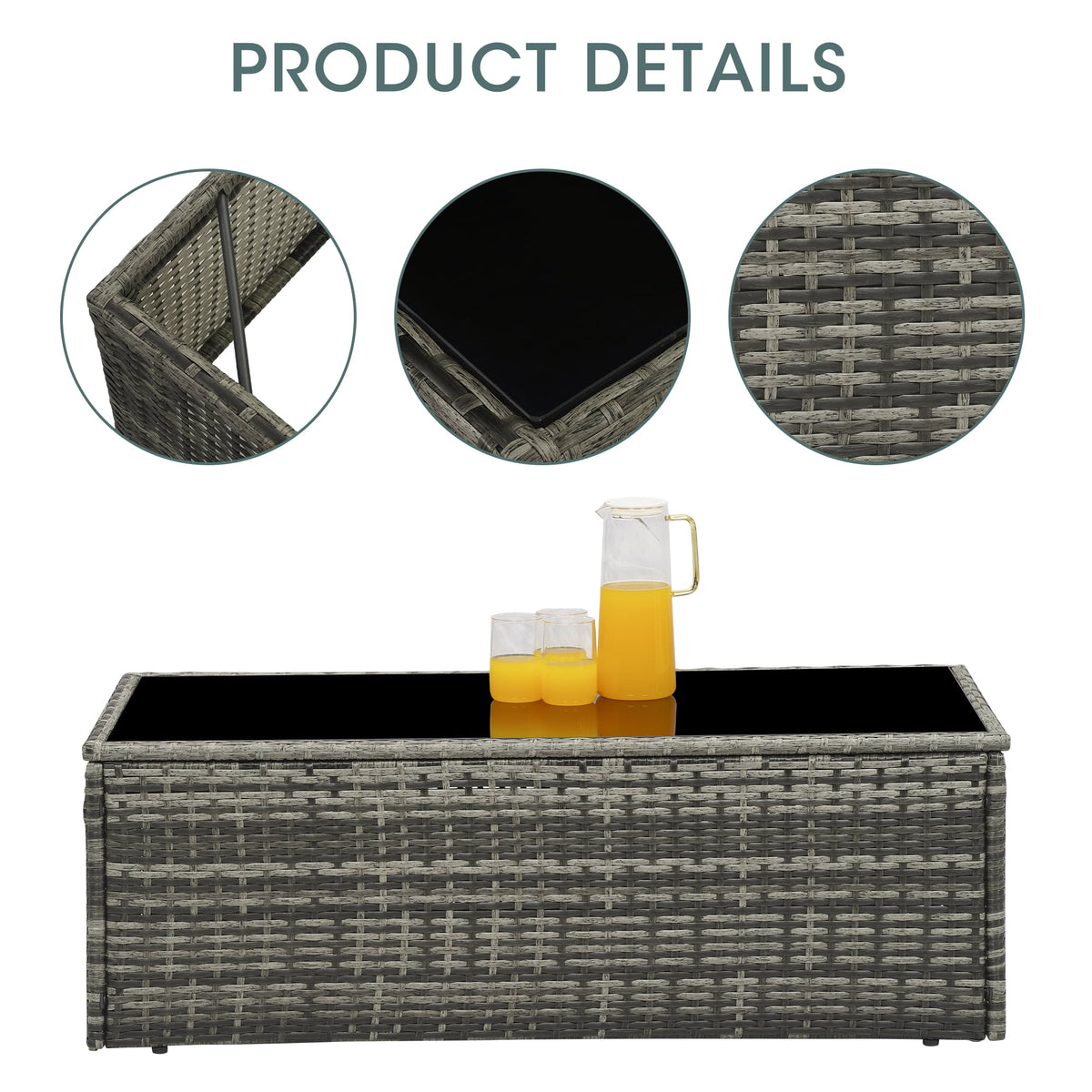 Royalcraft Outdoor Coffee Table, Grey Wicker Table for Patio Sectional Furniture, All-Weather Aluminum Frame Rectangular Coffee Table with Glass Top