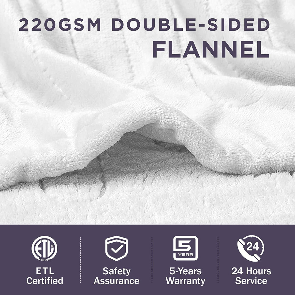 Royalcraft Electric Blanket Queen Size 84"x90" Flannel Heated Throw Blanket, Dual Controls Setting Electric Blanket, 10 Heating Levels, 12H Auto-off, 5 Years Warranty, Machine Washable - White