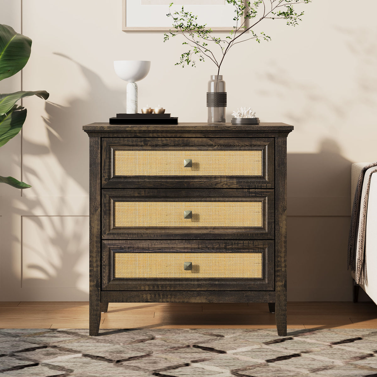 3 Drawer Dresser, Cane Nightstand with Rattan Decorated Drawers, Tall Bedside End Table for Bedroom, Living Room, Entryway