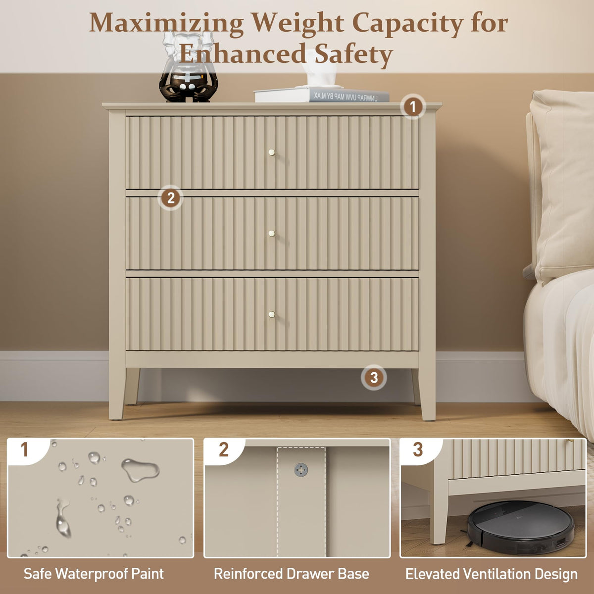 Mayincolor Large Fluted 3 Drawer Dresser, Wide Chest of Drawers with Modern Nightstand Cabinet Wood Dresser with Spacious Storage for Bedroom, Hallway, Living Room, Entryway, Beige