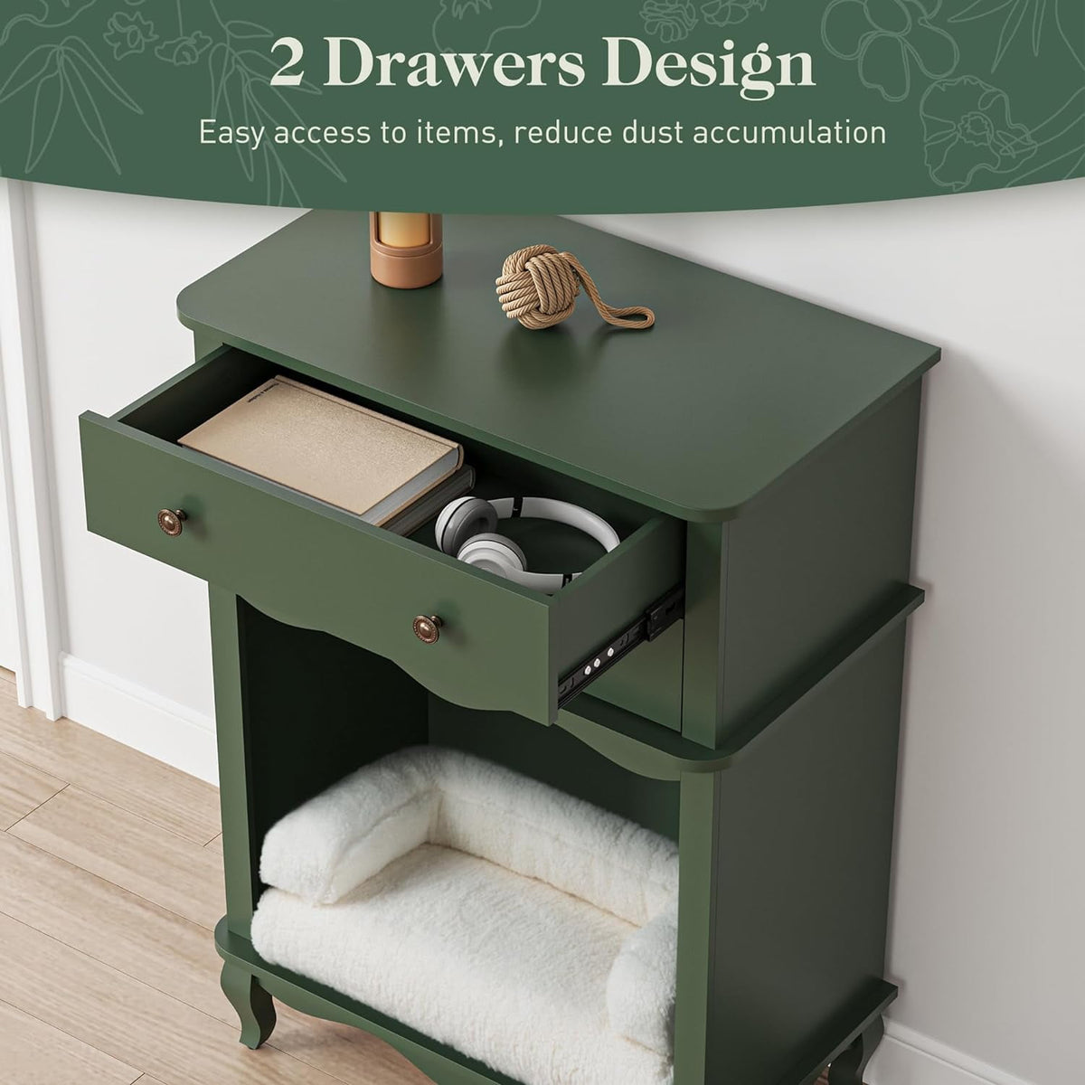 Royalcraft Vintage Storage Cabinet Set with Wall Mount and Pet Bowls Holder, End Table with 2 Drawers and Semi-open Space, Wood Pet Feeding Station for Living Room, Entrance, Green