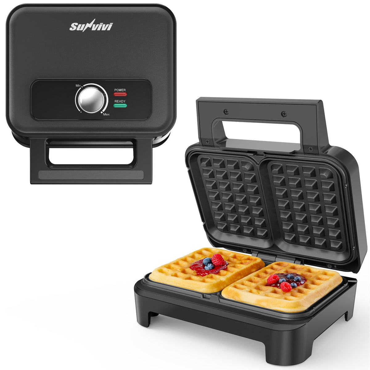 Royalcraft Nonstick Waffle Machine, 2 Slices Waffle Iron, Electric Breakfast Maker with Temp Control & Indicator Light, Easy to Clean, Black