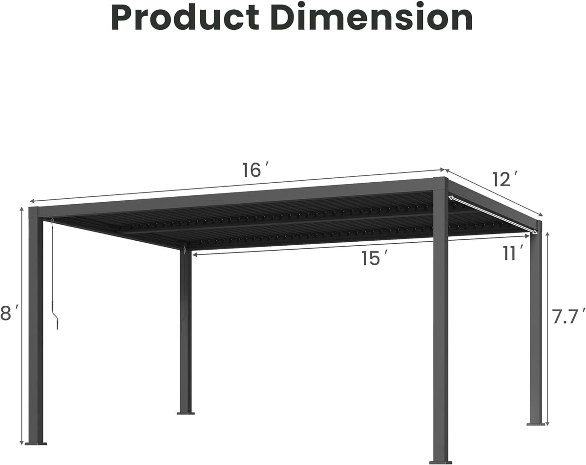 12'x16' Adjustable Louvered Pergola, Heavy-Duty Aluminum Outdoor Pergola, Metal Hardtop Pergola with Adjustable Roof for Patio, Deck, Garden, Yard, Black